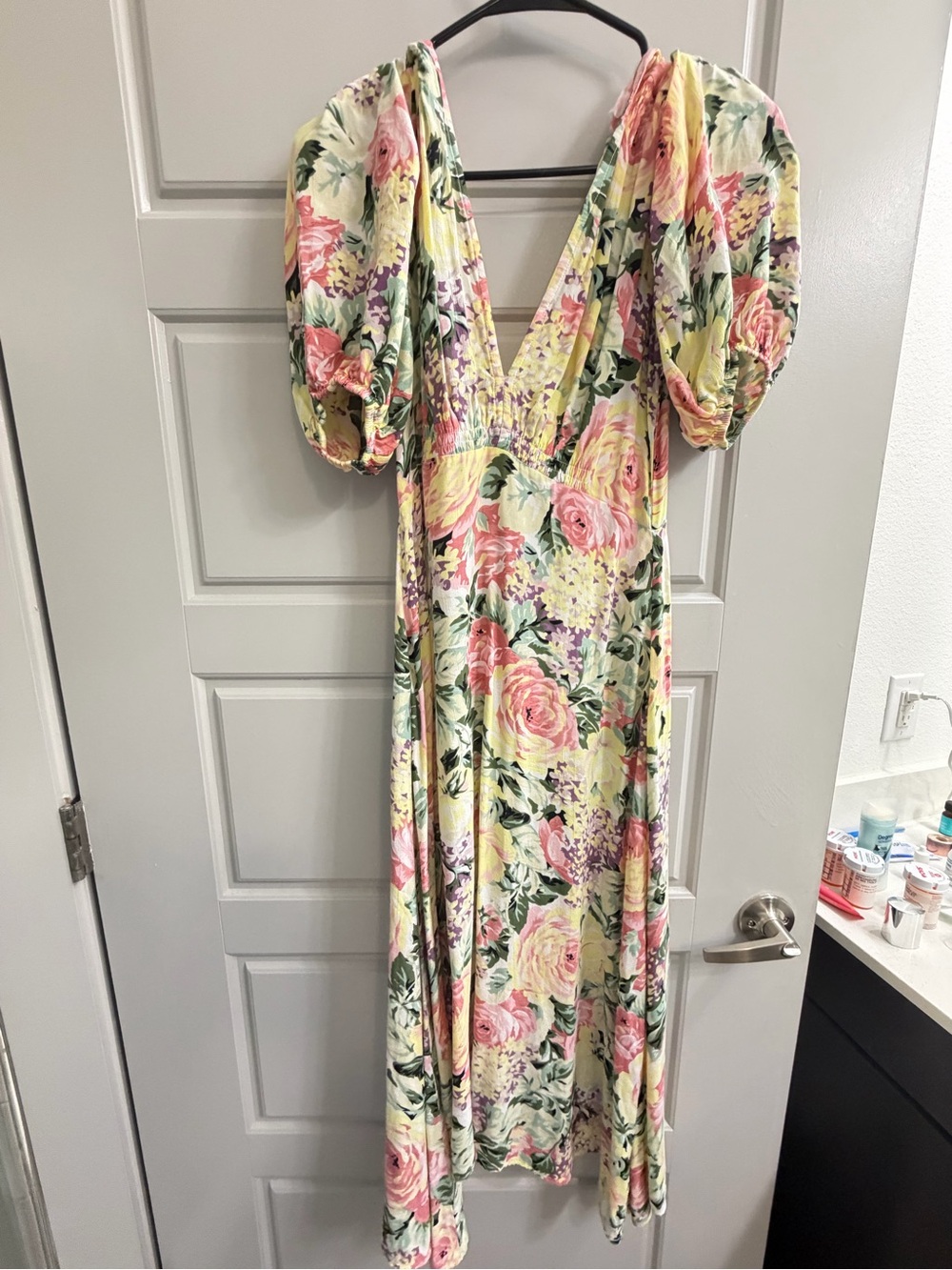 Faithfull the Brand Yellow Floral V-Neck Maxi Dress with Puff Sleeves